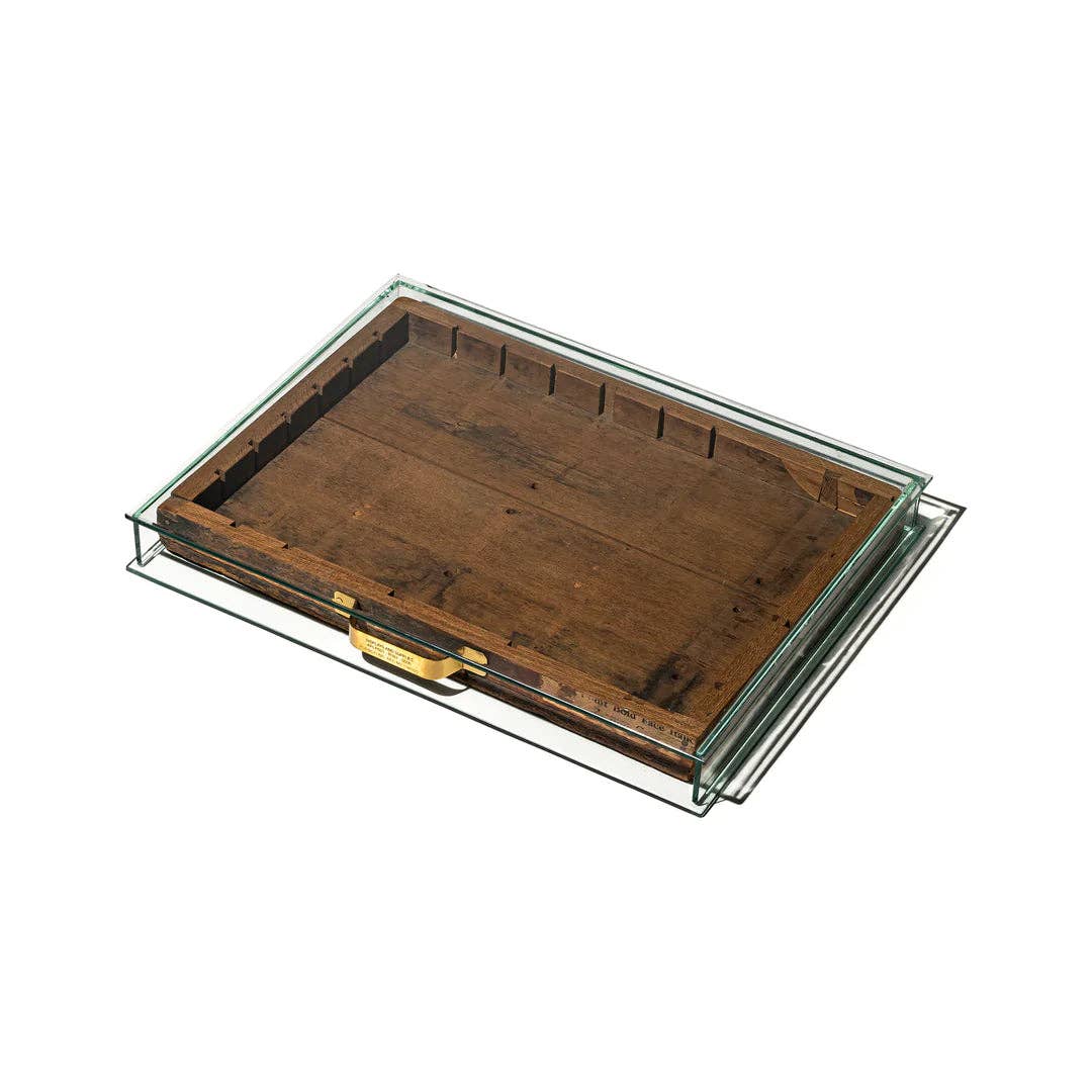 GLASS DISPLAY CASE WITH VINTAGE DRAWER
