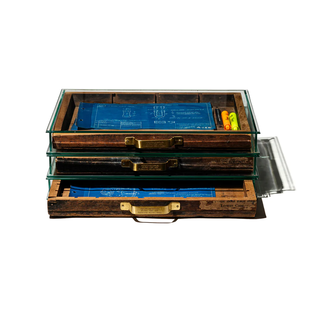 GLASS DISPLAY CASE WITH VINTAGE DRAWER